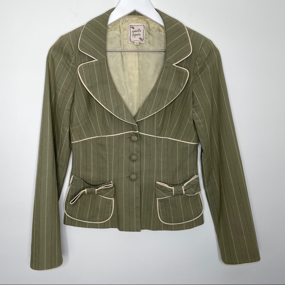 Nanette Lepore Jackets & Blazers - Nanette Lepore Olive Green Bow Pinstripe Blazer 2
